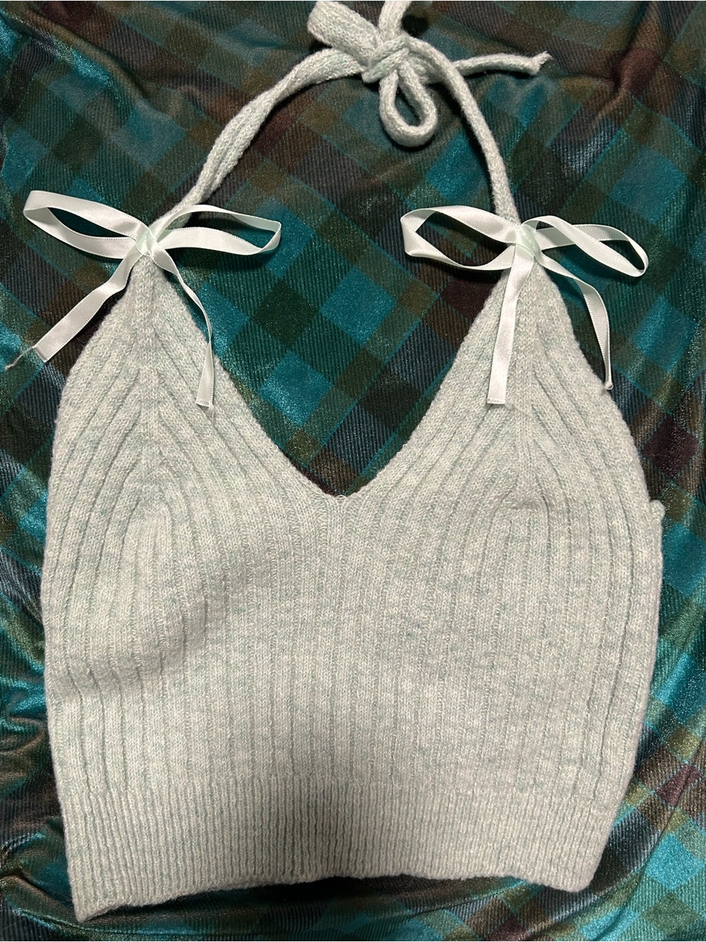 Knit Ribbon-Tie Halter Crop Top in Mint Green